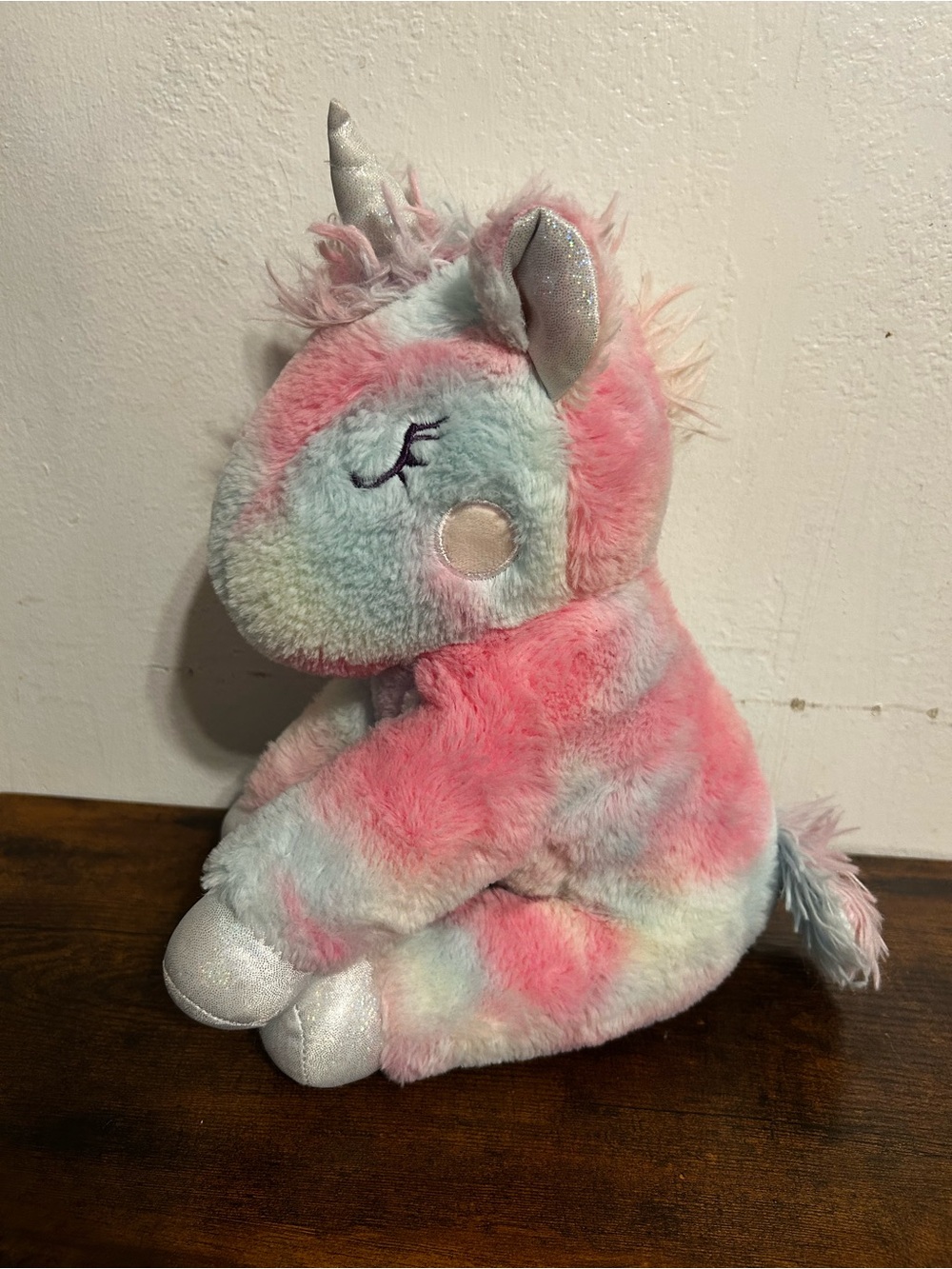 Pastel Tie Dye Unicorn Plush Stuffed Animal Silver Glitter Accents Pink Blue